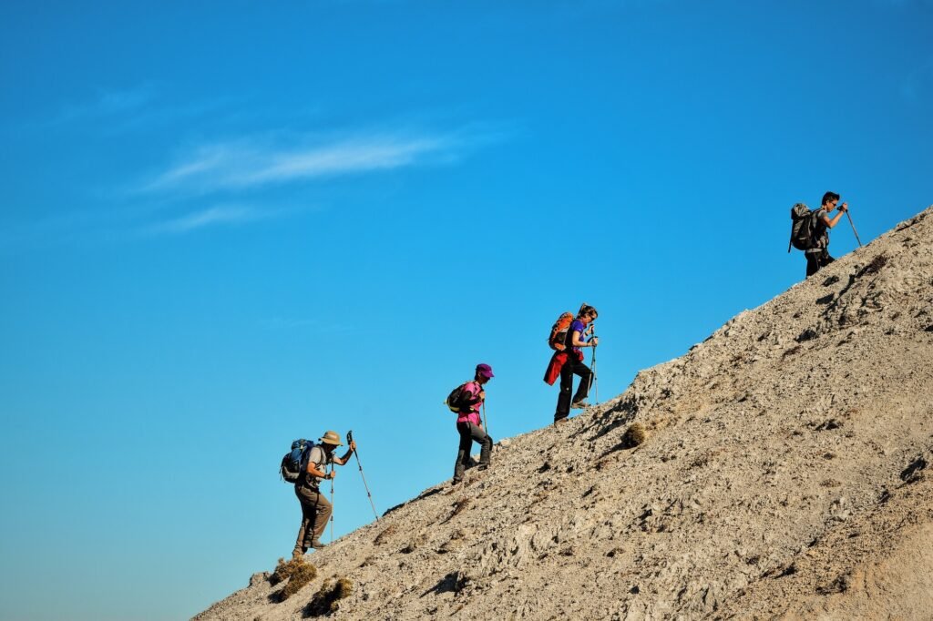 Group of trekkers climbing Kashmir mountain trail with guide
